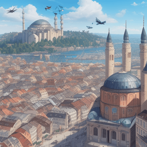 AI generated: eine riesige stadt in der zukunft, farbenfroh, riesige türme, viele fliegene transportmittel, militä...