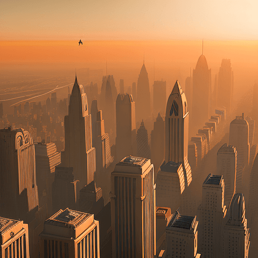 AI generated: 35mm photo of a huge art-deco style city, multiple airships flying in the air, aerial shot, beautifu...