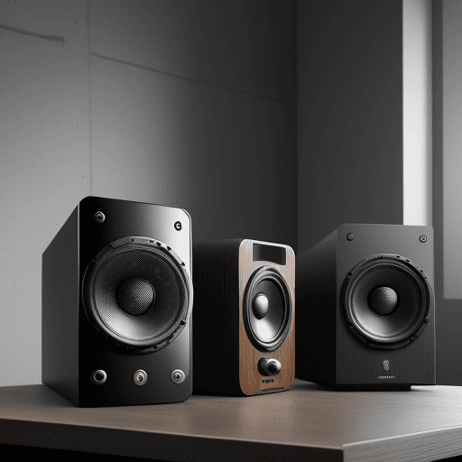 AI generated: desktop speaker gabinet, max 400mm height, 160mm width, 200mm depth, 2 3.5 black speakers, modern / ...