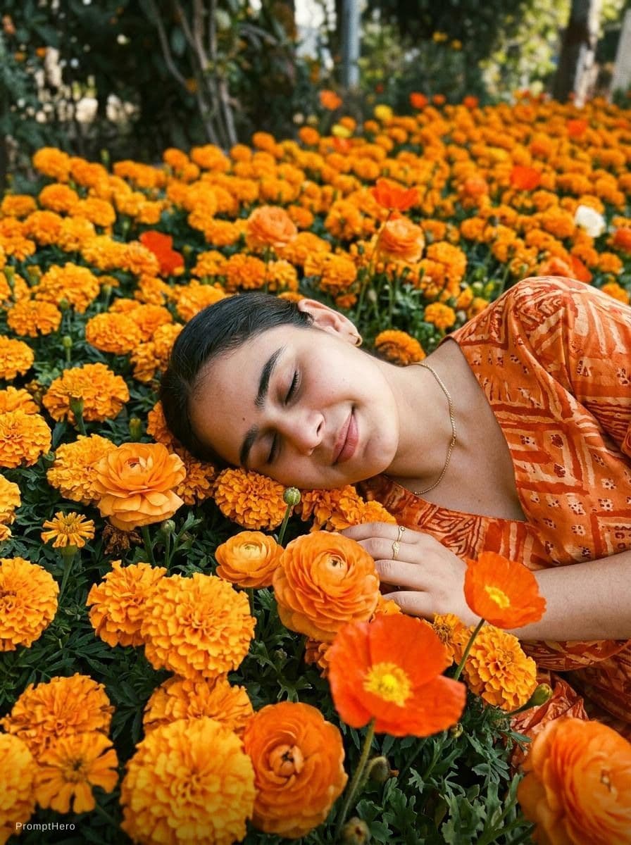 AI generated: Kodak disposable photography of beautiful fashion model with orange dress, laying on orange flower b...
