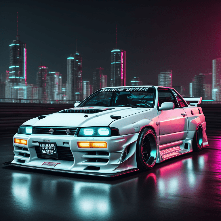 AI generated: cyber punk mechanical white nissan skyline, in beautiful beach setting, highly textured, highly deta...