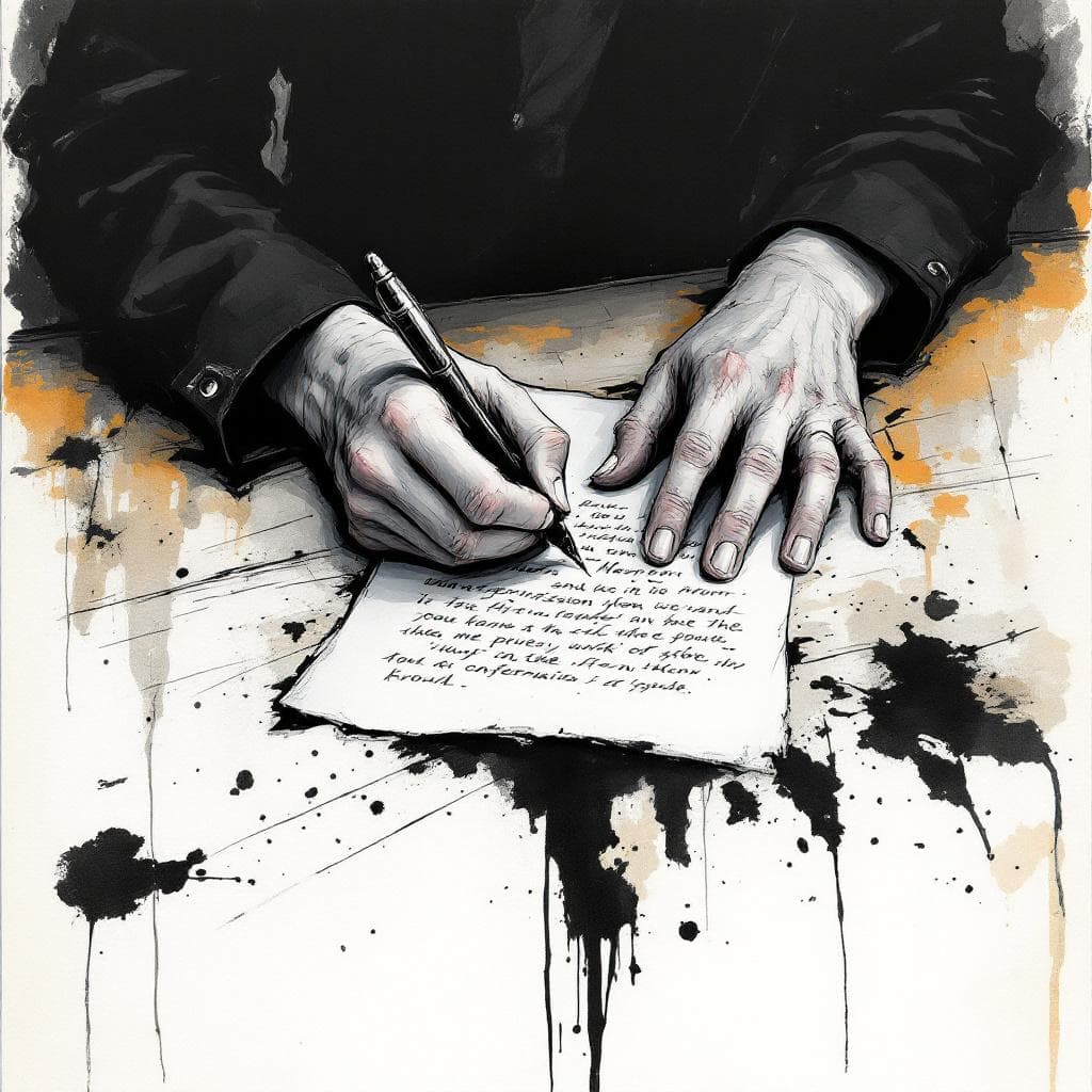 AI generated: Hands at a wooden table, writing a confession letter. The atmosphere is tense, dramatic, and apocaly...