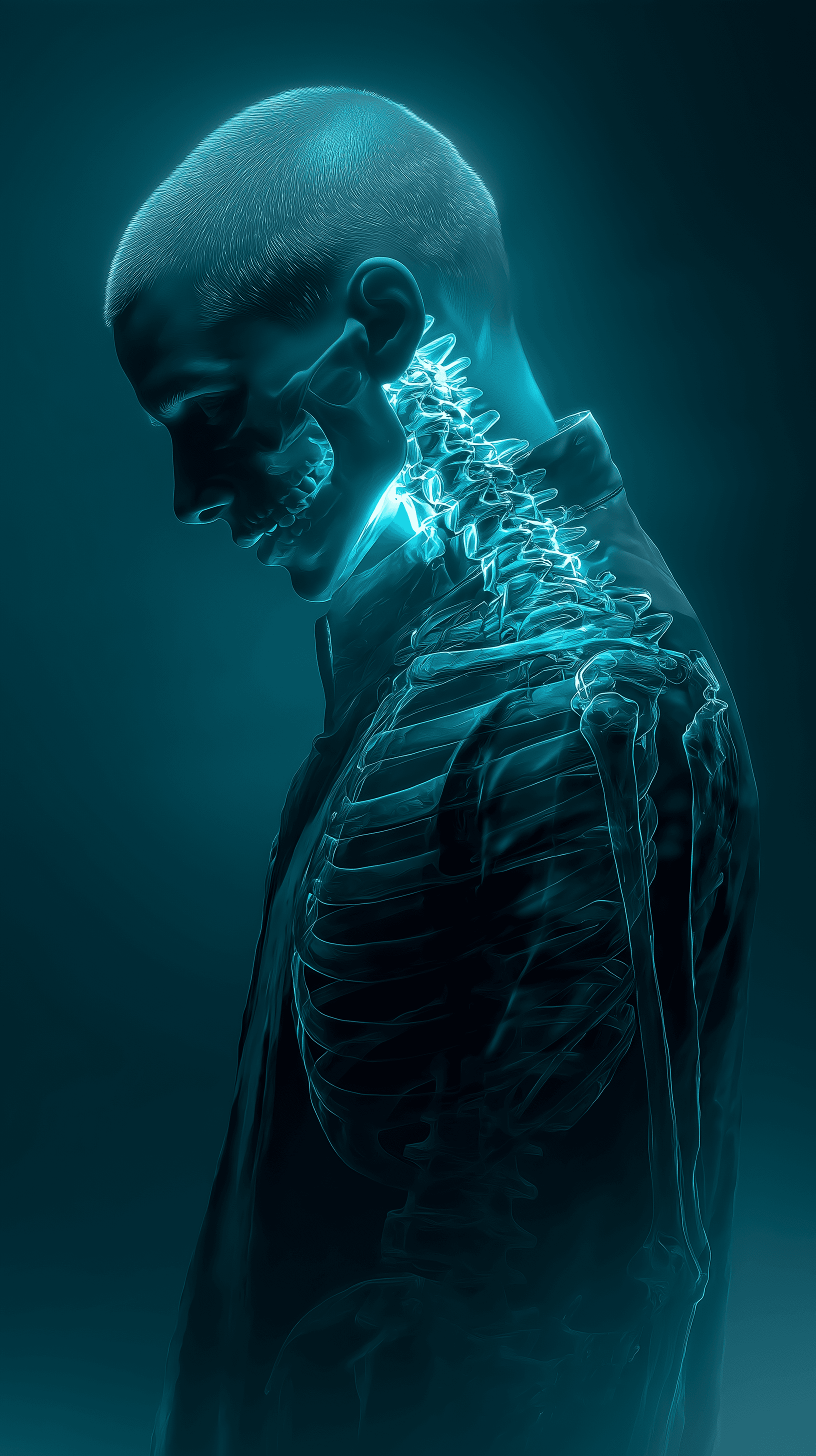 AI generated: futuristic surrealism, front portrait of a man, side shot, transparent skin revealing her bones, glo...