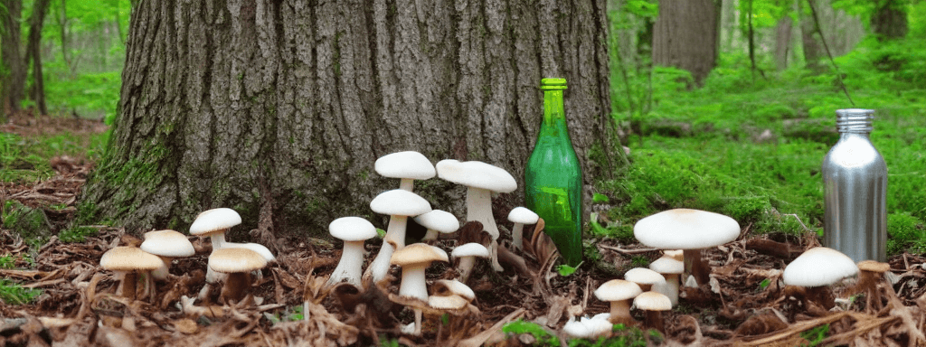 AI generated: forest, mushrooms, bottle, green, horizontal