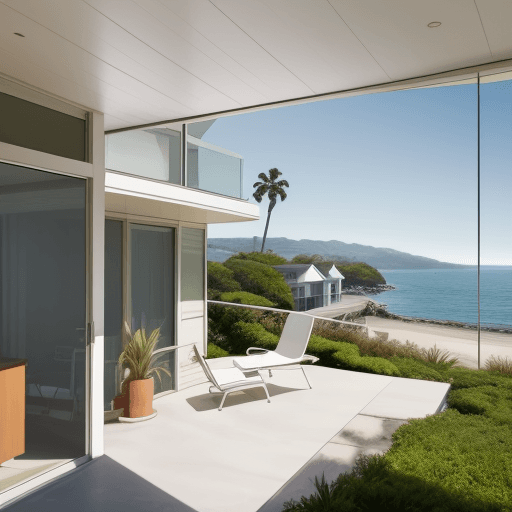 AI generated: Hyper-realistic eye-level exterior photo of a mid-century modern style house overlooking the ocean, ...