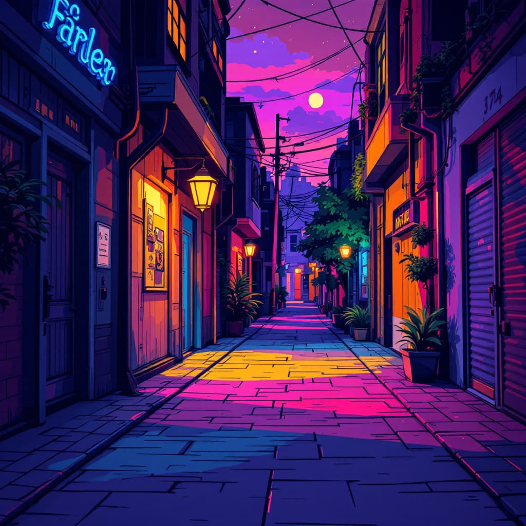AI generated: A vector art-style, uses lots of gradients and an attractive, high-saturation colour palette 
alleyw...