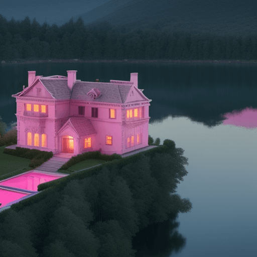 AI generated: House by the lake. View of the house from diagonally above, the house is in the foreground, the lake...