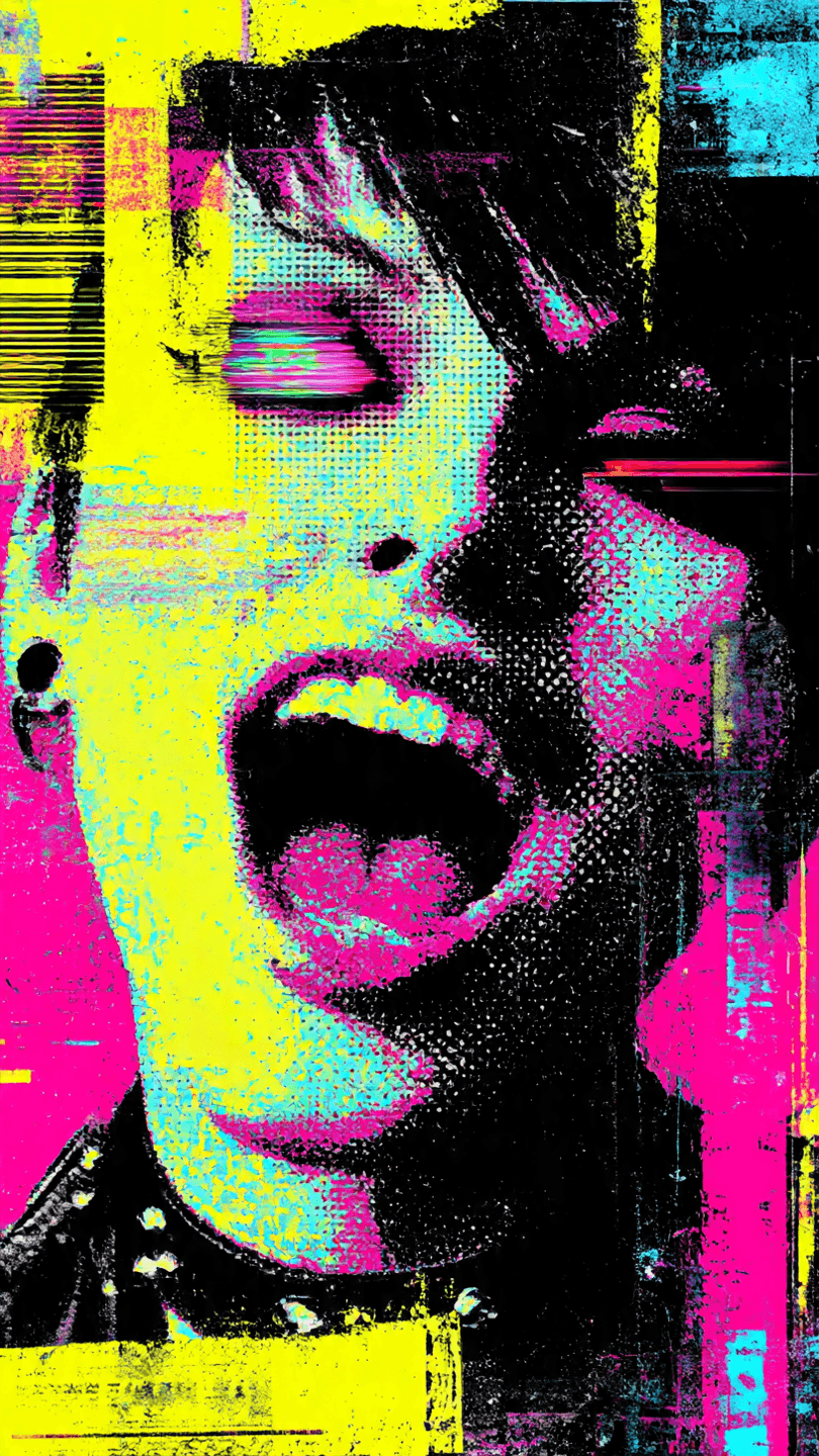 AI generated: Tight, oversaturated goth punk female mid range where the frame slashes across only half a smirking ...