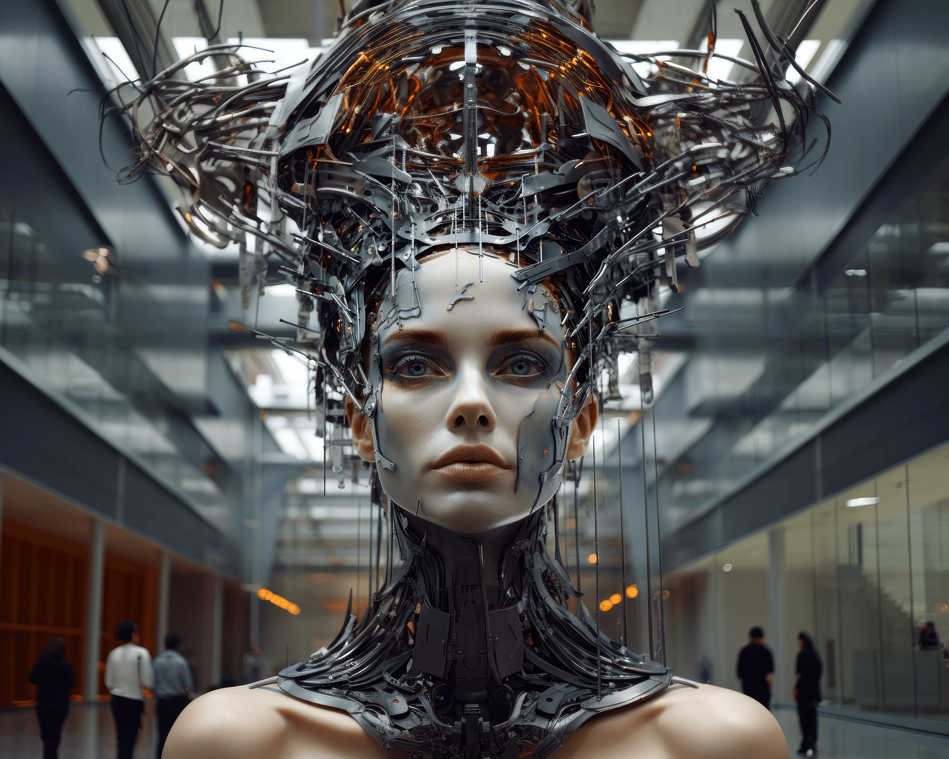 AI generated: a large metal sculpture of a woman's face with a metal frame around it. Her face appears to be made ...