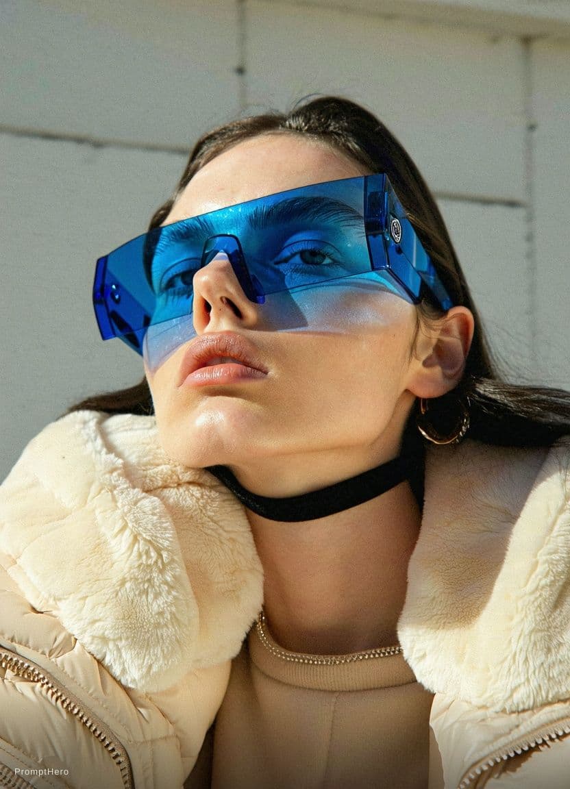 AI generated: Fashion shoot, Jacquemus and Moncler collaboration: dark blue translucent futuristic sunglasses, hyp...