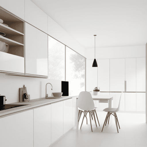 AI generated: minimal design white themed with light colored wood and panels dining and kitchen 