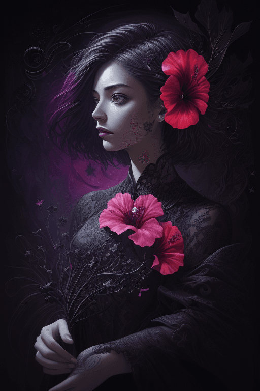 AI generated: Modern Acrylic painting, stars, hibiscus, dark tones, whimsical atmosphere, intricately detailed art...