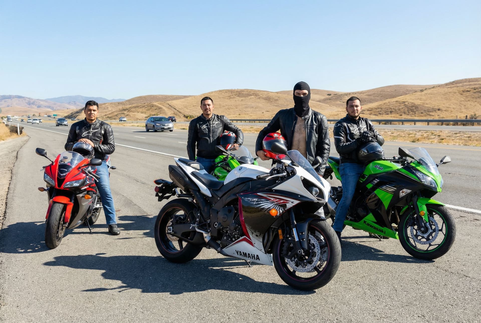 AI generated: Adding my standing beside uploaded bike on highway with some of my friends 