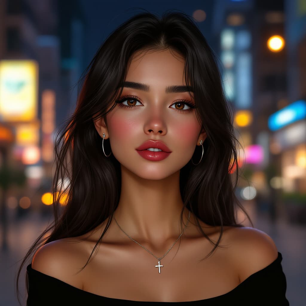 AI generated: Young adult female with an oval-shaped, symmetrical face and soft, balanced features. Almond-shaped ...