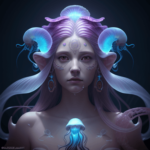 AI generated: Goddess close-up portrait ribcagel. jellyfish phoenix head, nautilus, orchid, skull, betta fish, bio...
