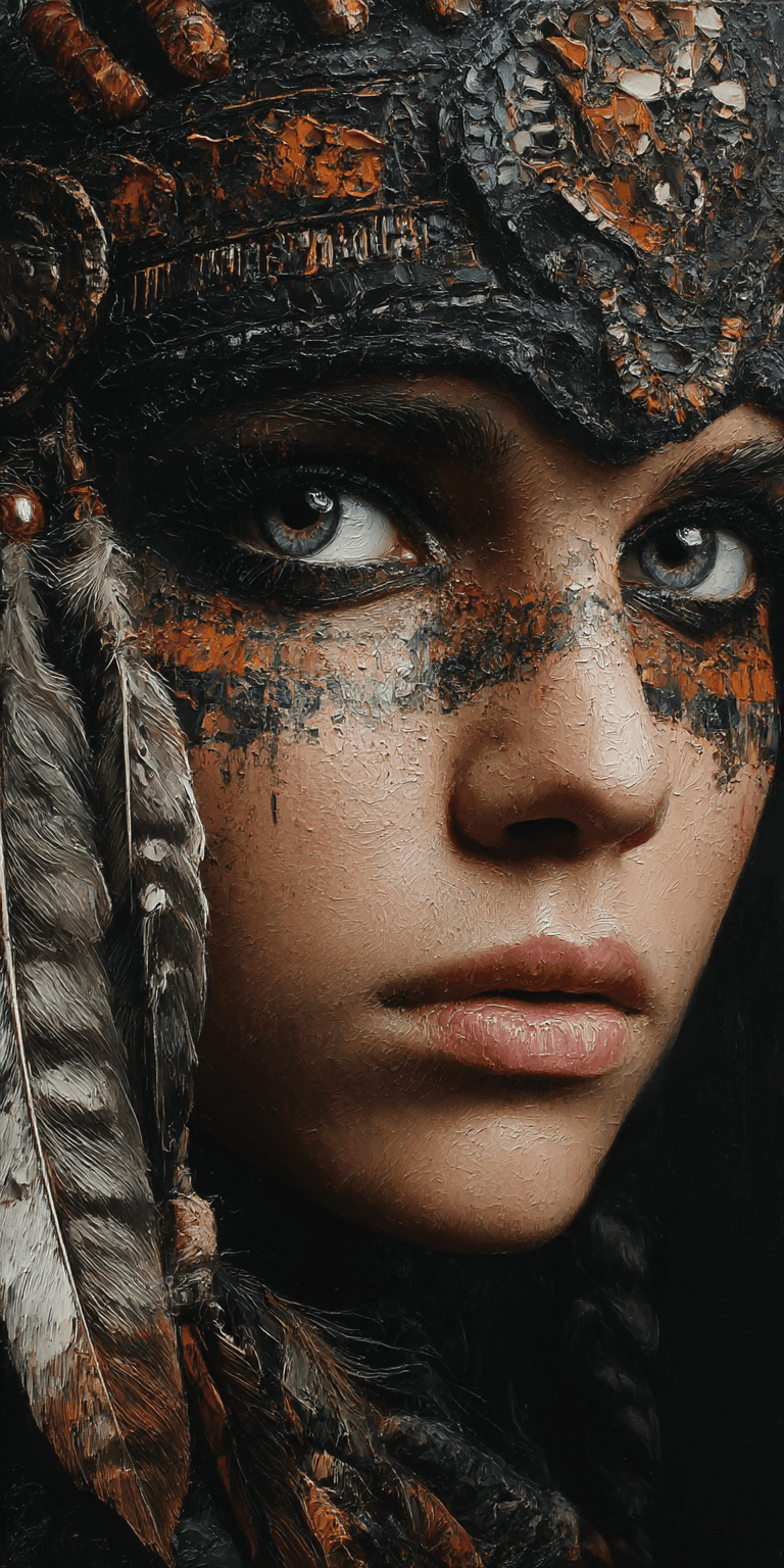 AI generated: Portrait of an Indian woman with black hair, wearing dark brown and orange traditional warrior headw...
