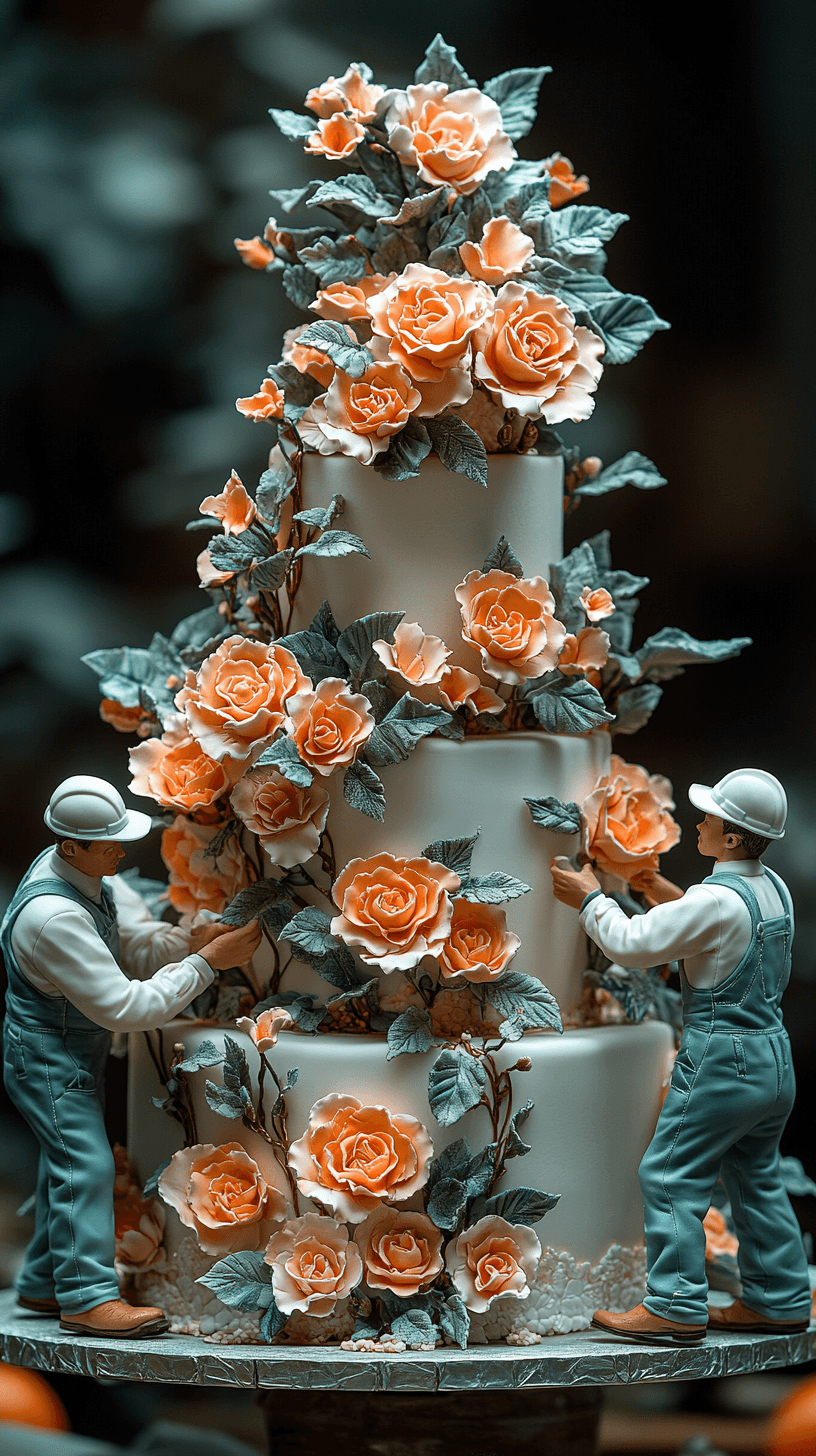 AI generated: A three-tiered wedding cake with intricate sugar roses and leaves, surrounded by figures of construc...