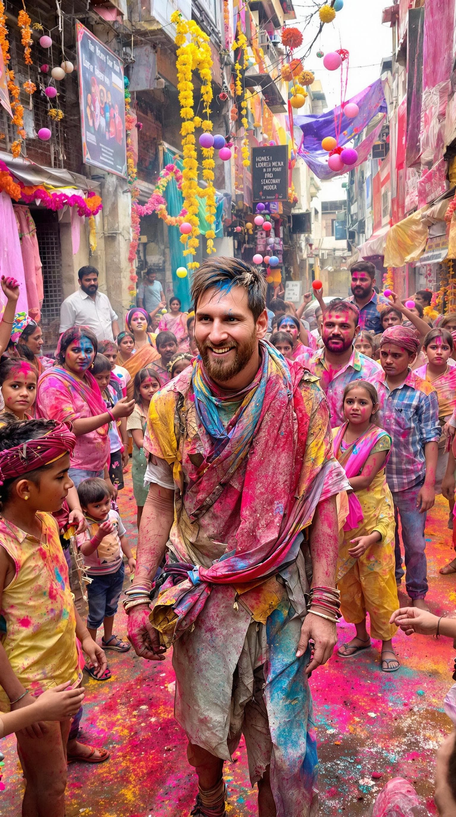 AI generated: A highly realistic, wide-angle photograph capturing Lionel Messi amidst a lively Holi celebration wi...