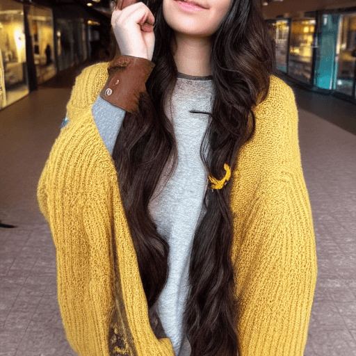 AI generated: A woman with wavy dark brown hair, wearing an oversized yellow knitted sweater that leaves her shoul...