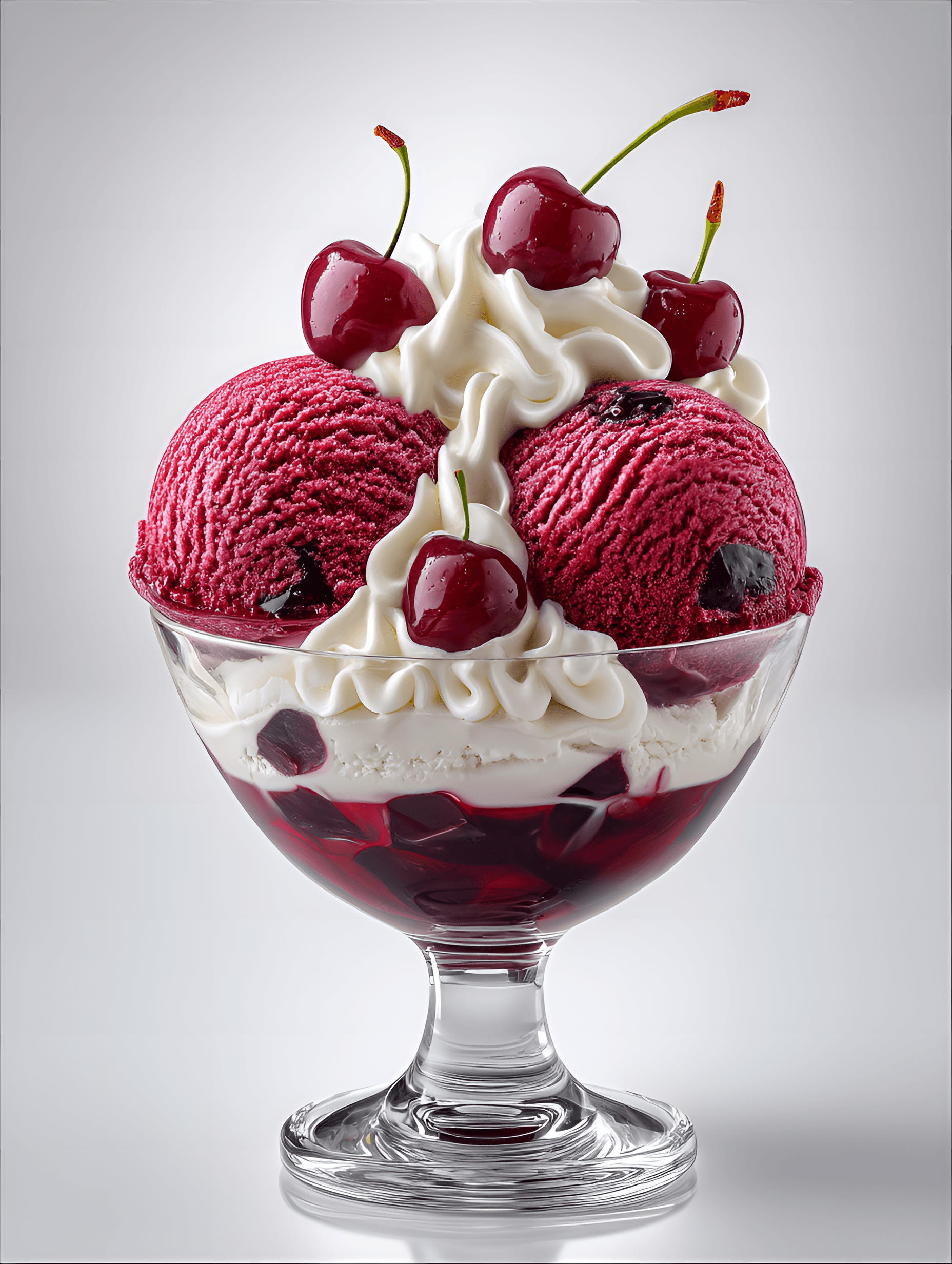 AI generated: Coupe Amarena: one scoop of creamy Amarena ice cream with embedded cherry pieces and one scoop of va...