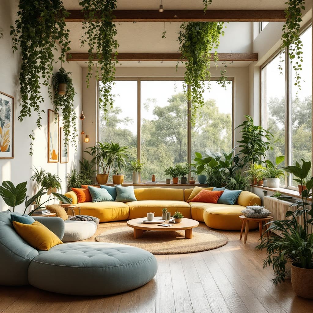 AI generated: High resolution photography interior design, dreamy sunken living room conversation pit, Loft with a...