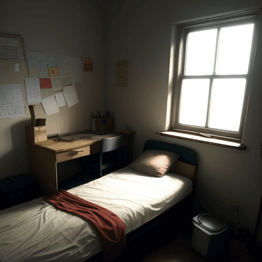 AI generated: A poor student room with only one candle glowing, bed and desk, Some moving cardboard boxes are scat...
