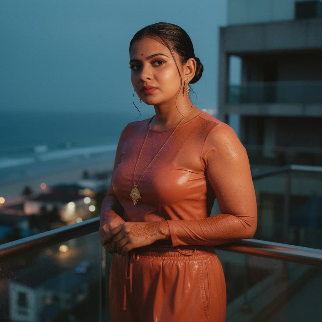 AI generated: A documentary style photograph of a young female on a high balcony just after swimming. Her long dar...