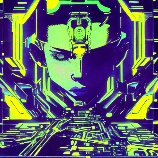 AI generated: early techno rave music inspired by ghost in the shell, 90s manga aesthetic, expressive face, yellow...