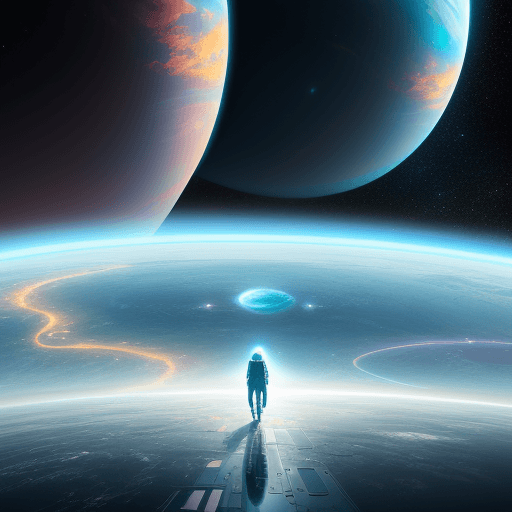 AI generated: Hyper realistic vision of the future space, exploring via steps going into the universe, colourful