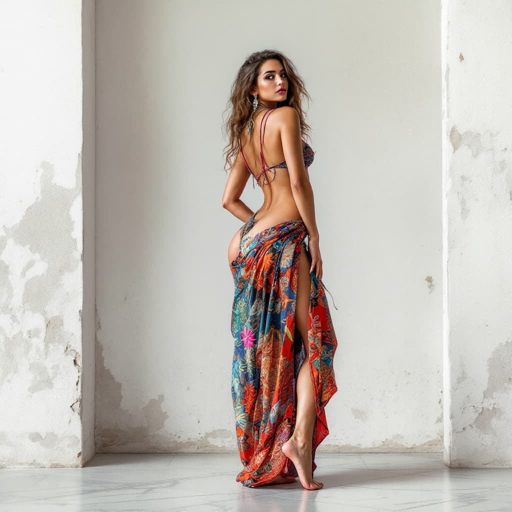 AI generated: Full body 
 view of a moroccan model with wide hips and barefoot