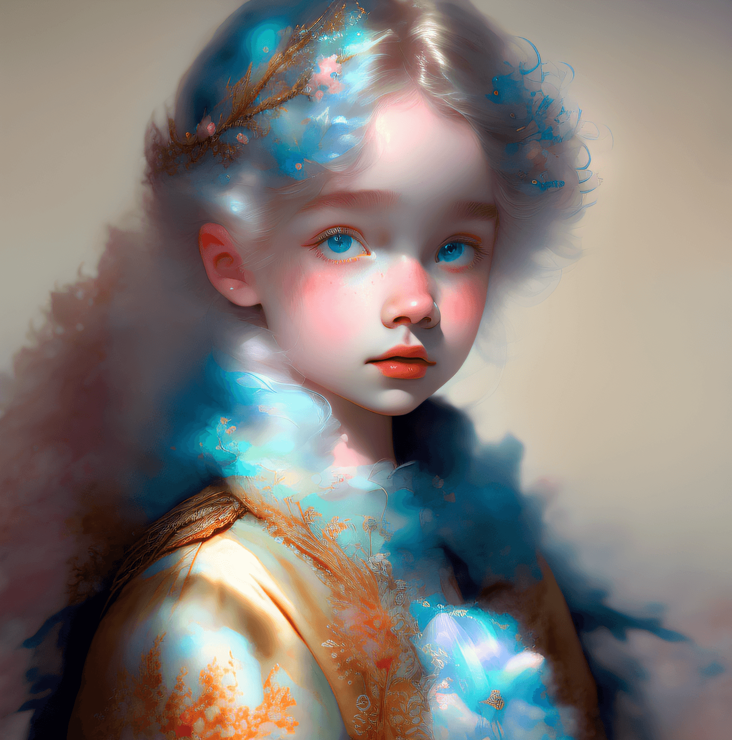 AI generated: Princess girl with wing, Blue, Pastel, glitter, dramatic, dreamy, pastel, Watercolor, Whimsical, Del...