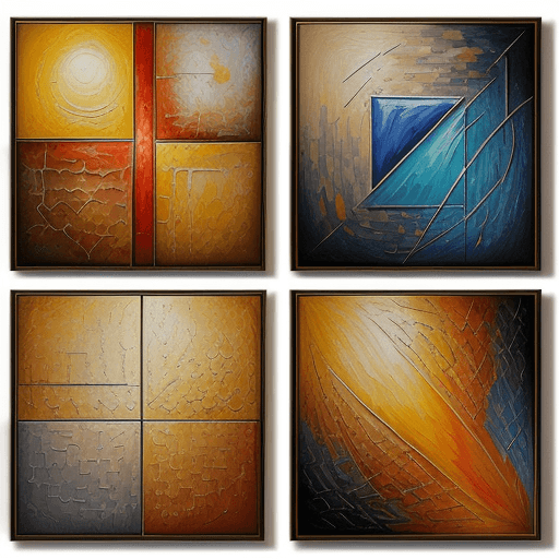 AI generated: oil  painting impasto relief designs of different geometric panels of contrasting colors and shapes ...