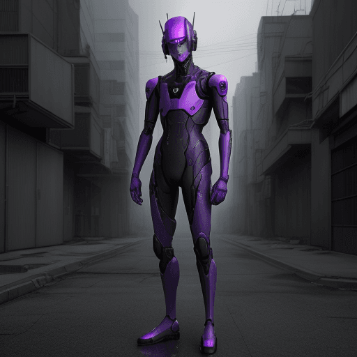 AI generated: Japanese male android in dystopian purple attire on a desolate street, overcast, ruins, cinematic, 3...