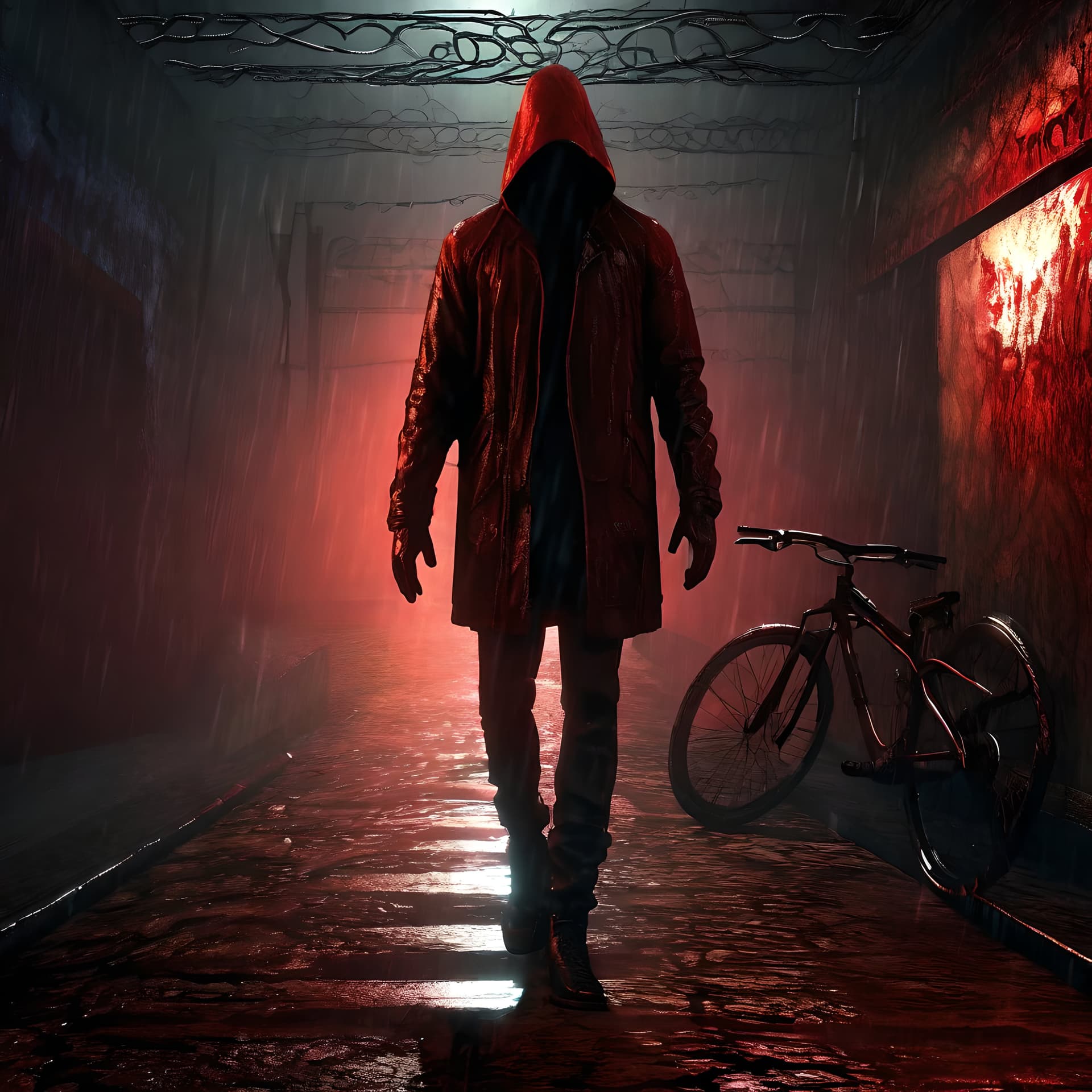AI generated: the (streets:1.1) of Silent Hill, horror, fog, distorted reality, rusted fences, rusted bike, red li...