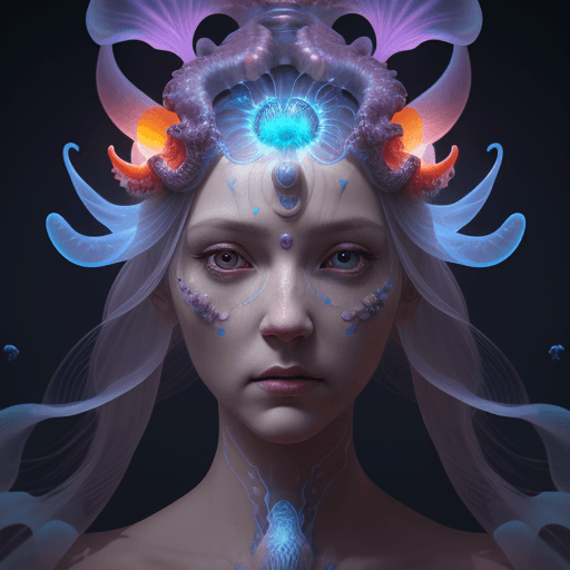 AI generated: Goddess close-up portrait ribcagel. jellyfish phoenix head, nautilus, orchid, skull, betta fish, bio...