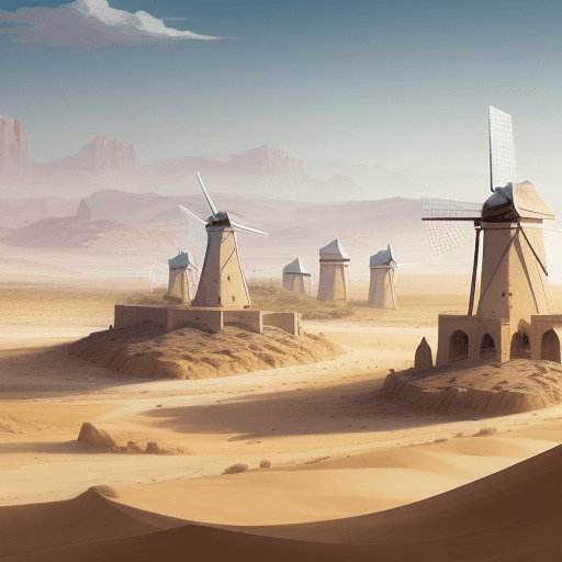 AI generated: desert landscape background with medieval huge white windmills, concept art, character design, highl...