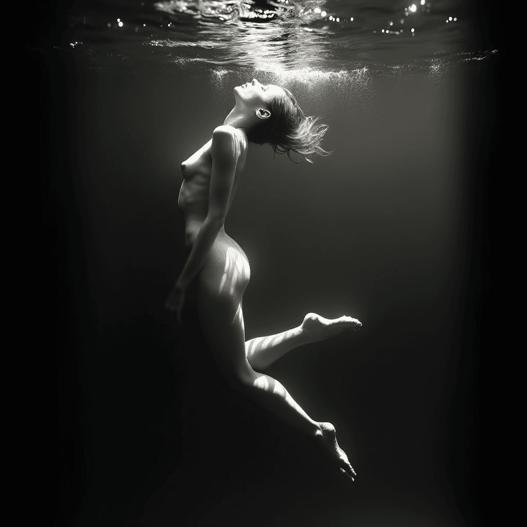 AI generated: High-contrast black-and-white photograph of a nude woman floating underwater in a serene, suspended ...