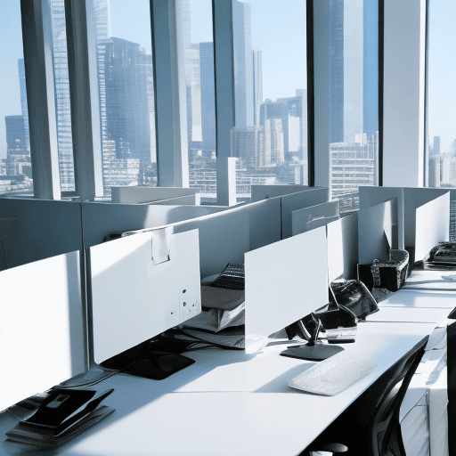 AI generated: Photo of an office with a white wall in the background, some desks with computers. The office has wi...