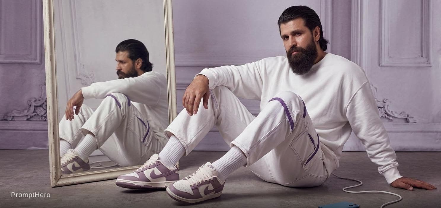 AI generated: Oversized white sweatshirt, white purple oversized combat jean, styled with footwear: white purple n...