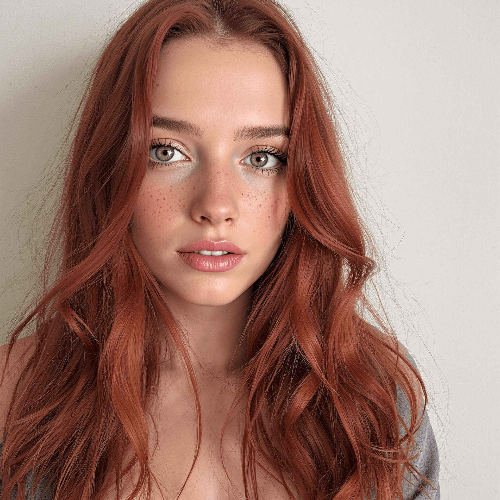 AI generated: Close-up portrait of a 21 years old woman with green eyes, light freckles, and long wavy intense che...
