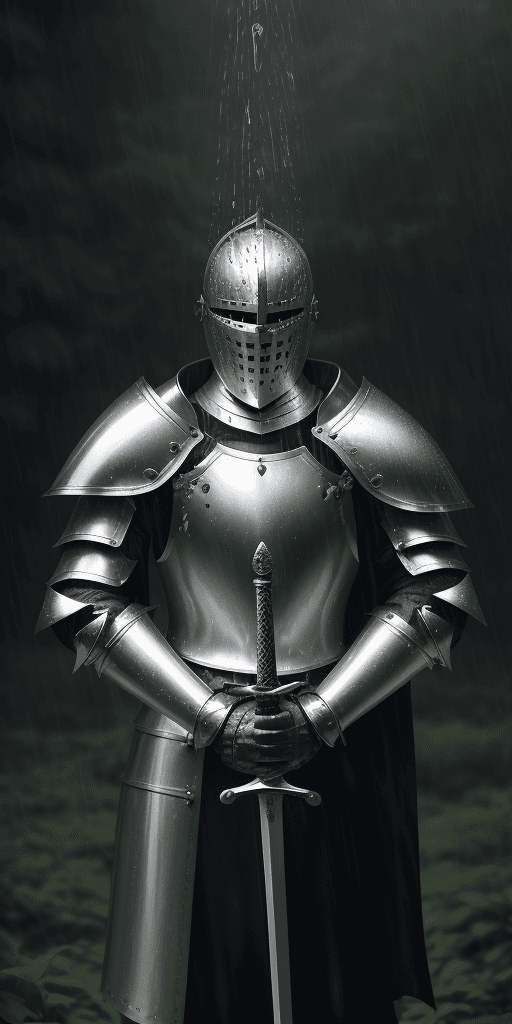 AI generated: real life portrait photo of a knight wearing shiny silver armor while holding a sword, the knight is...