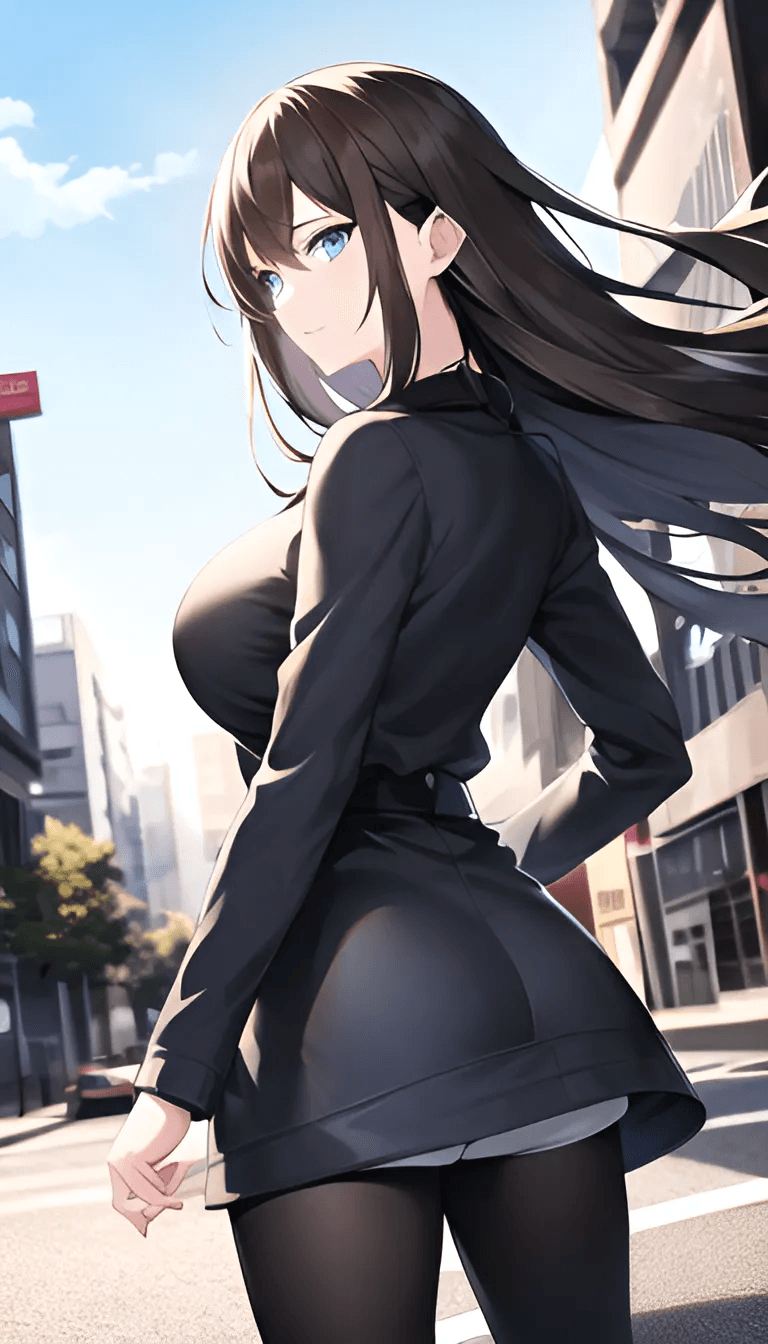 AI generated: An anime girl walking through the city, casual clothes, city, walking, jacket, black leggings, sidew...