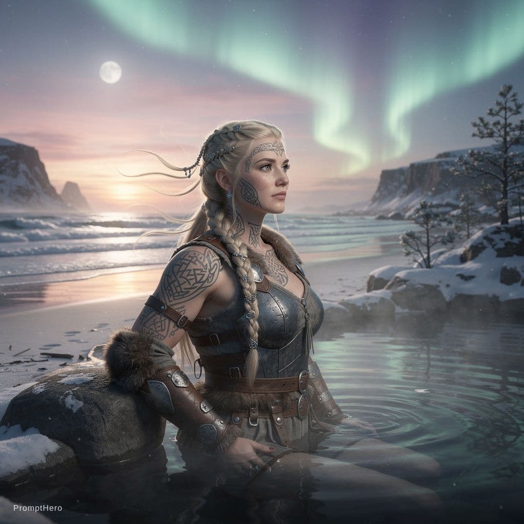 AI generated: Stunningly photorealistic image of a beautiful Viking woman walking along a serene beach, her tattoo...