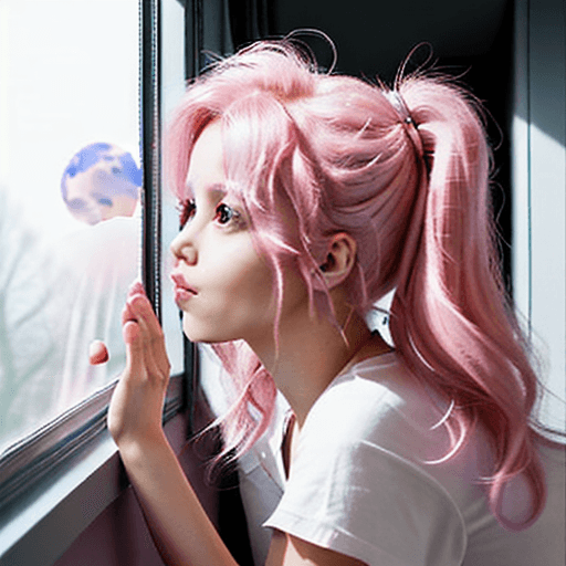 AI generated: the hair of the girl is pink and she send a kiss to earth from the window. outside the window she lo...