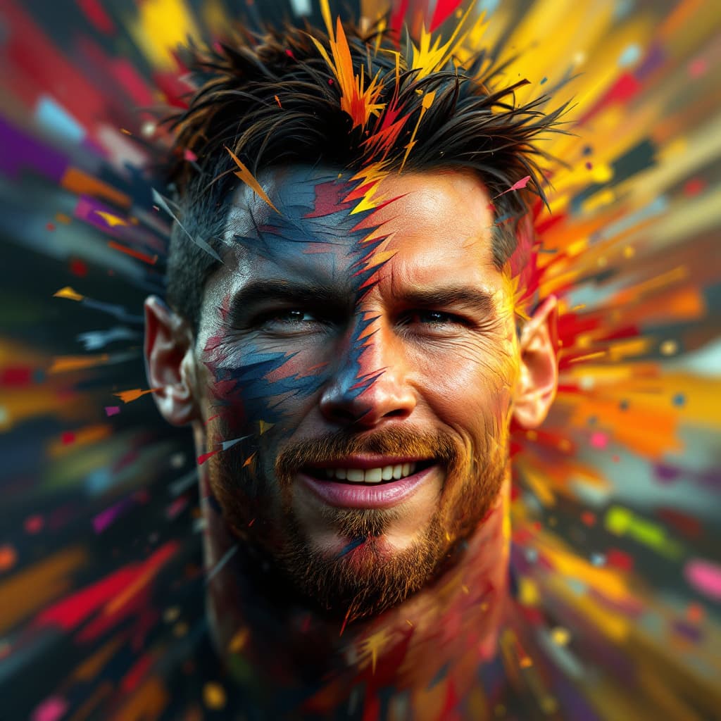 AI generated: the mix of face between ronaldo and messi!!
in their national game in the field 
make it like a thum...
