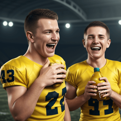 AI generated: two laughing sweaty, caucasian american football players with short cropped hair, squirting yellow m...