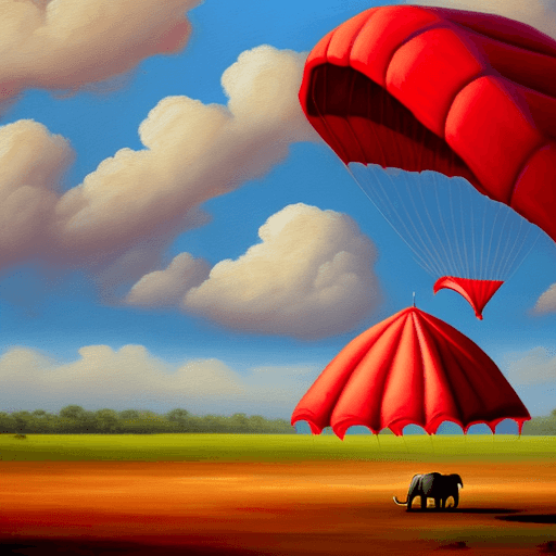 AI generated: Elephant resting under a red parachute amidst sunny clouds.
Style: oil painting
