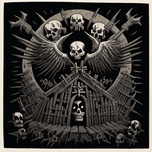 AI generated: bridge of angry skulls and crows in a gatecreeper, ossuary, woodcut style, death metal art, vangog
