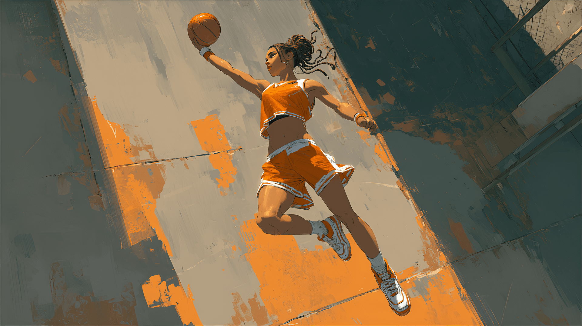 AI generated: k-skinned woman, young adult, is depicted in a dynamic basketball pose. She is wearing an orange spo...