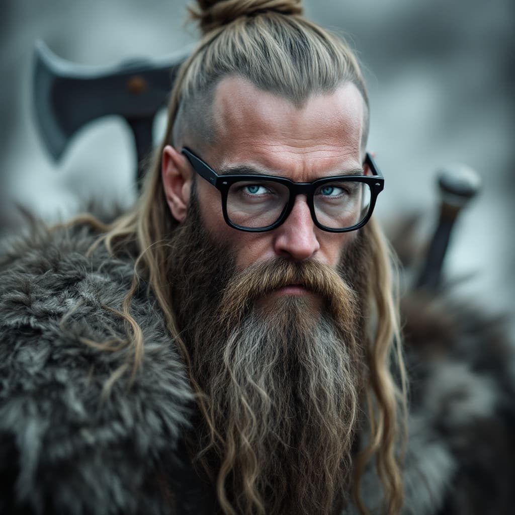AI generated: Photo of a ultra realistic Viking with sword and axe, long hair gathered in a bun, ash blond hair, l...
